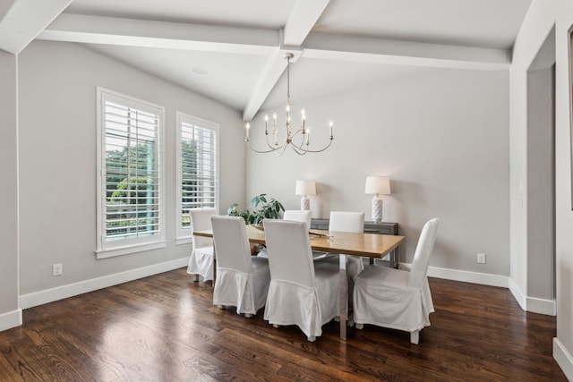 2509 Oak Bend Ct, Southlake, TX 76092 - dining space with beamed ceiling, a chandelier, dark wood finished floors, and baseboards