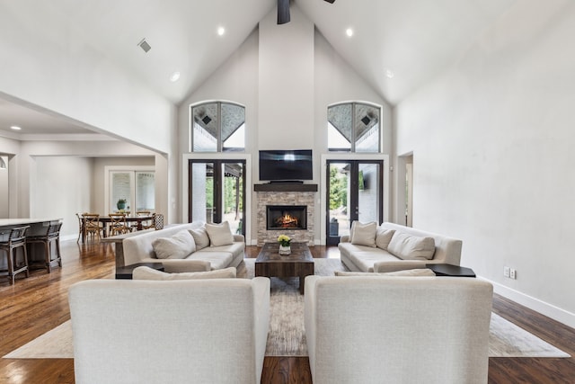 2509 Oak Bend Ct, Southlake, TX 76092 - living room with ceiling fan, high vaulted ceiling, recessed lighting, baseboards, and dark wood-style flooring