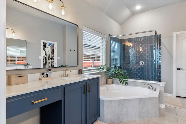 2529 Solomons Pl, Wylie, TX 75098 - bathroom featuring a garden tub, vanity, tile patterned flooring, lofted ceiling, and a shower stall