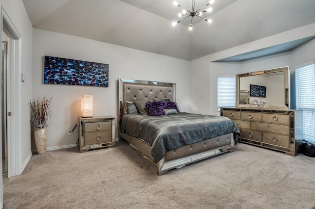 249 Noble Nest Dr, Midlothian, TX 76065 - bedroom featuring a chandelier, light carpet, vaulted ceiling, and baseboards