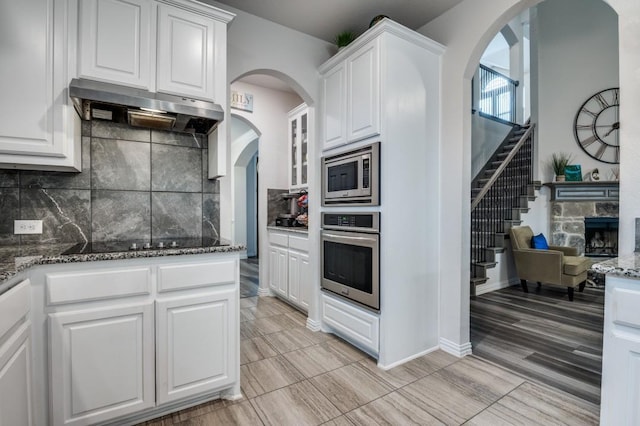 249 Noble Nest Dr, Midlothian, TX 76065 - kitchen with stainless steel appliances, under cabinet range hood, white cabinets, tasteful backsplash, and dark stone counters