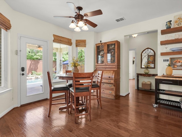 2525 Still Springs Dr, Little Elm, TX 75068 - dining area featuring plenty of natural light, ceiling fan, and dark wood-type flooring