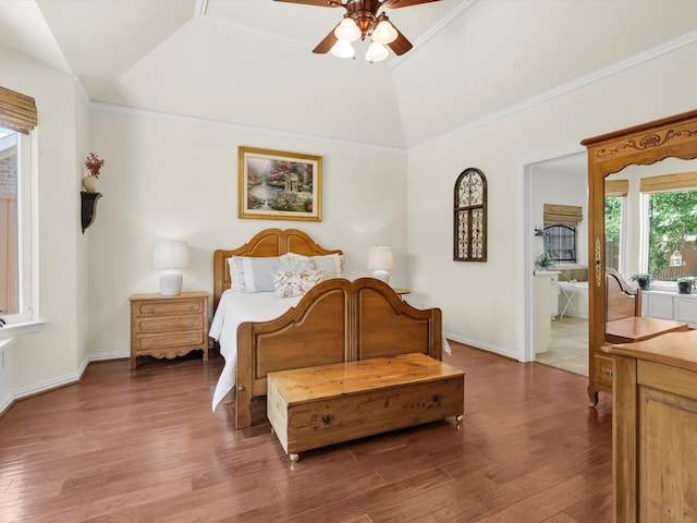 2525 Still Springs Dr, Little Elm, TX 75068 - bedroom featuring wood finished floors, baseboards, vaulted ceiling, ceiling fan, and crown molding