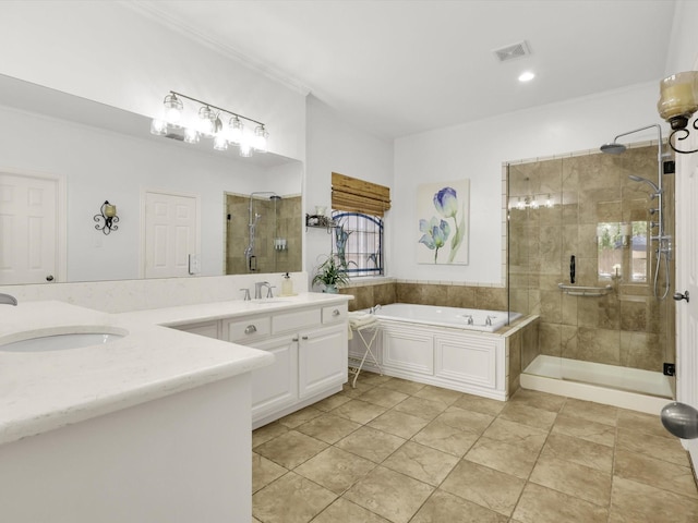2525 Still Springs Dr, Little Elm, TX 75068 - bathroom featuring vanity, a bath, a shower stall, tile patterned flooring, and recessed lighting
