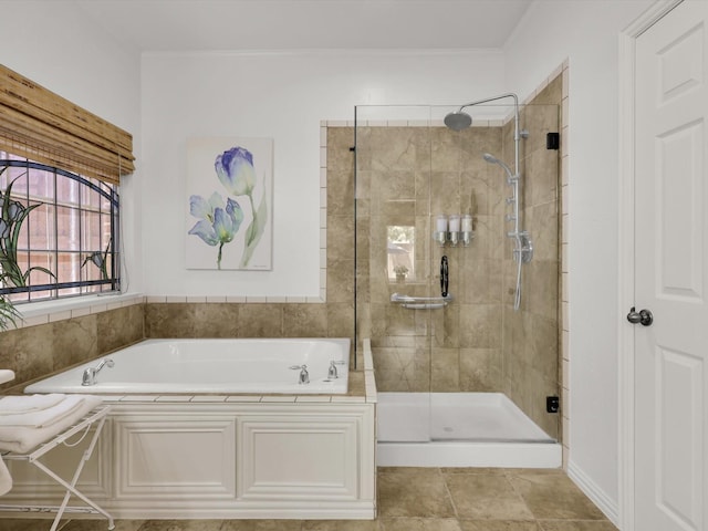 2525 Still Springs Dr, Little Elm, TX 75068 - bathroom featuring a garden tub, a shower stall, and tile patterned floors