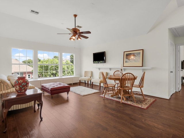 2525 Still Springs Dr, Little Elm, TX 75068 - living room featuring a ceiling fan, wood finished floors, attic access, and baseboards
