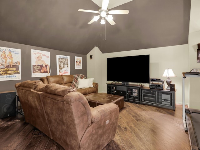 2525 Still Springs Dr, Little Elm, TX 75068 - living area featuring a ceiling fan, wood finished floors, and lofted ceiling