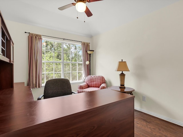 2525 Still Springs Dr, Little Elm, TX 75068 - office featuring ceiling fan, dark wood-style floors, and baseboards