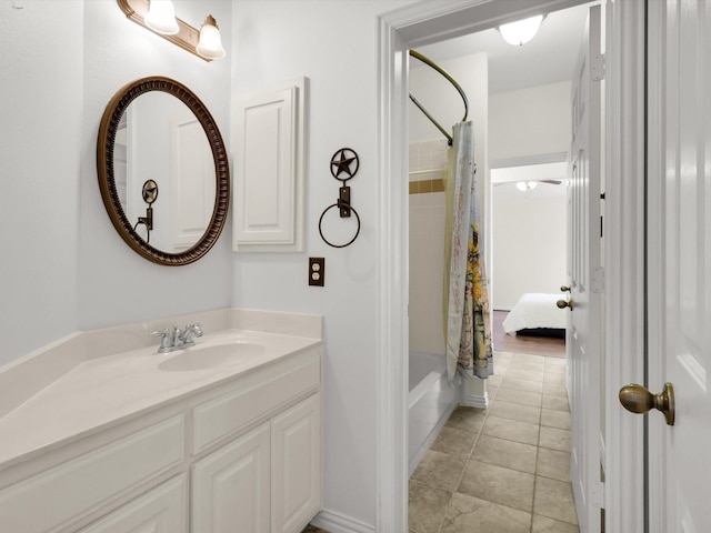 2525 Still Springs Dr, Little Elm, TX 75068 - full bath featuring vanity, shower / bath combo, tile patterned floors, and baseboards