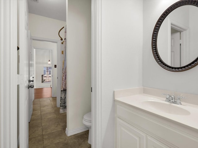 2525 Still Springs Dr, Little Elm, TX 75068 - full bathroom featuring toilet, vanity, tile patterned floors, and curtained shower