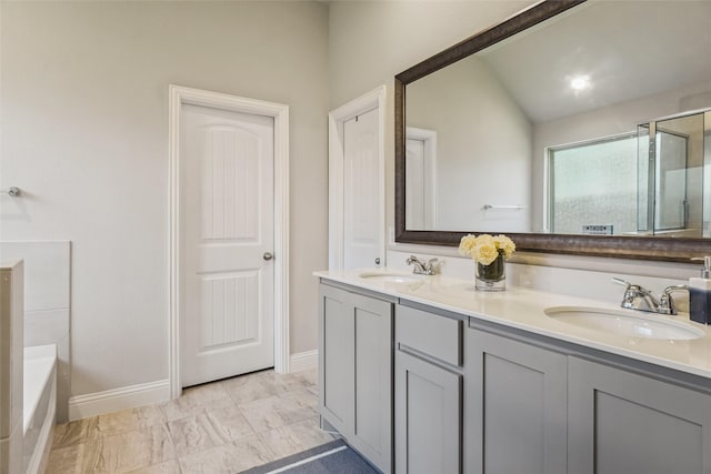 444 Oliver Ct, Argyle, TX 76226 - full bath featuring double vanity, a bath, baseboards, a shower with door, and lofted ceiling