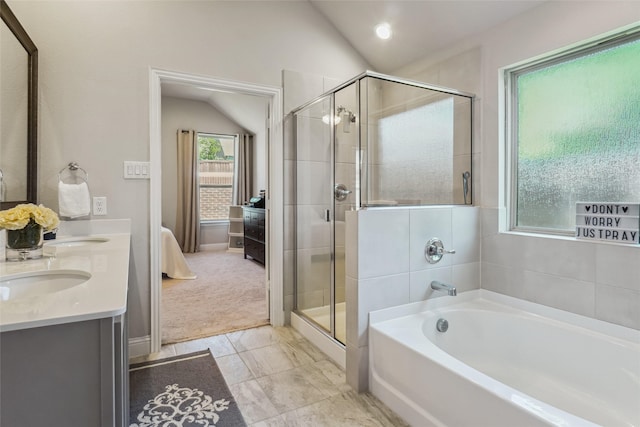444 Oliver Ct, Argyle, TX 76226 - full bathroom featuring vaulted ceiling, a bath, a stall shower, double vanity, and connected bathroom