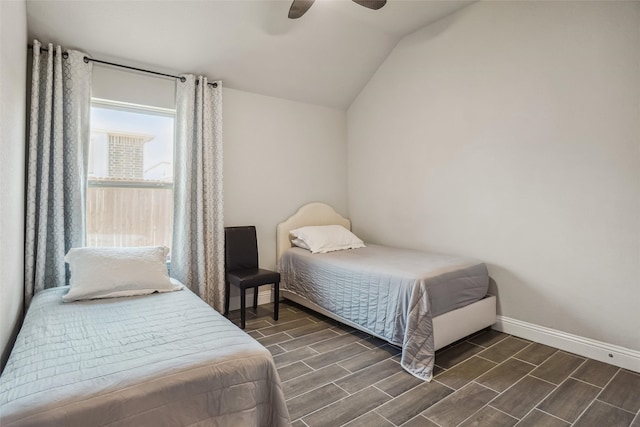 444 Oliver Ct, Argyle, TX 76226 - bedroom featuring vaulted ceiling, baseboards, wood tiled floors, and a ceiling fan