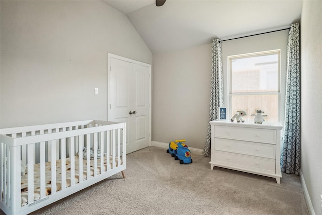 444 Oliver Ct, Argyle, TX 76226 - carpeted bedroom featuring a nursery area, vaulted ceiling, baseboards, and ceiling fan