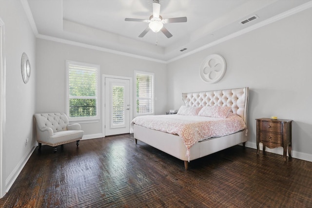 2812 Cedar Elm Dr, Carrollton, TX 75010 - bedroom featuring a tray ceiling, access to exterior, a ceiling fan, wood finished floors, and baseboards