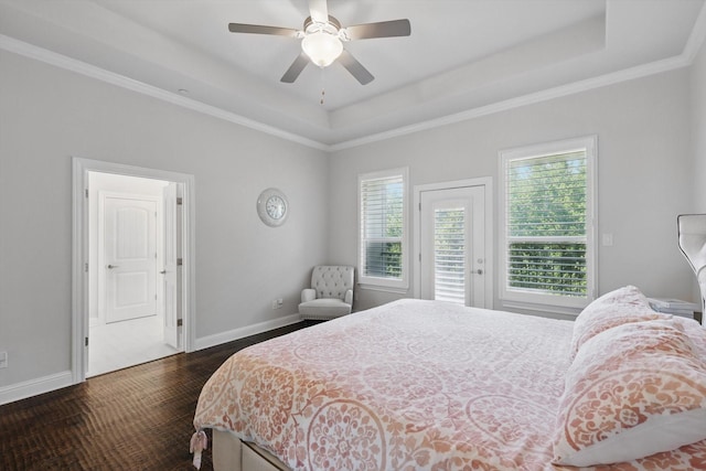 2812 Cedar Elm Dr, Carrollton, TX 75010 - bedroom featuring a raised ceiling, access to outside, baseboards, dark wood finished floors, and crown molding