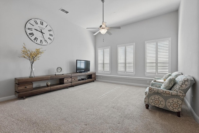 2812 Cedar Elm Dr, Carrollton, TX 75010 - carpeted living room with a ceiling fan, baseboards, and vaulted ceiling