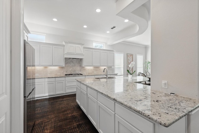 2812 Cedar Elm Dr, Carrollton, TX 75010 - kitchen with custom range hood, a sink, appliances with stainless steel finishes, white cabinetry, and decorative backsplash