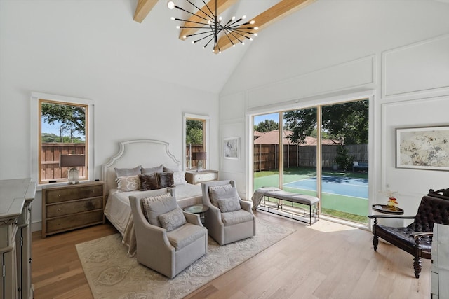 5913 Preston Way, Colleyville, TX 76034 - bedroom featuring access to outside, high vaulted ceiling, wood finished floors, beamed ceiling, and a chandelier