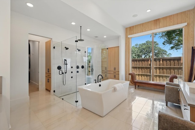 5913 Preston Way, Colleyville, TX 76034 - full bath featuring a stall shower, a soaking tub, recessed lighting, vanity, and tile patterned floors