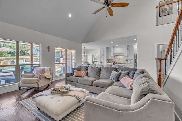 125 Wood Bend Ct, Weatherford, TX 76087 - living area featuring stairway, high vaulted ceiling, a ceiling fan, dark wood-style flooring, and recessed lighting