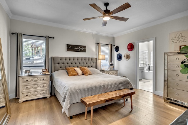 125 Wood Bend Ct, Weatherford, TX 76087 - bedroom featuring ornamental molding, light wood finished floors, ensuite bathroom, and ceiling fan