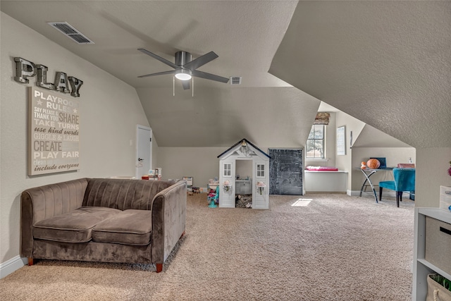 125 Wood Bend Ct, Weatherford, TX 76087 - living room with a ceiling fan, vaulted ceiling, carpet, and baseboards