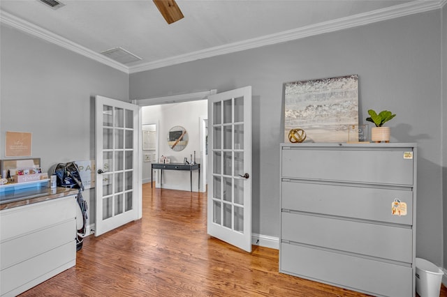 125 Wood Bend Ct, Weatherford, TX 76087 - office space with french doors, crown molding, and light wood-style flooring