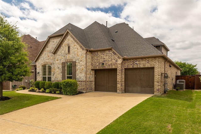 931 Champions Way, Roanoke, TX 76262 - french country style house with driveway, a shingled roof, central AC unit, an attached garage, and brick siding