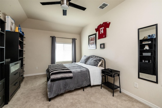 931 Champions Way, Roanoke, TX 76262 - bedroom featuring light colored carpet, vaulted ceiling, baseboards, and a ceiling fan