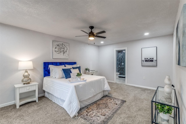 3321 NW 31st St, Fort Worth, TX 76106 - bedroom with carpet, ensuite bathroom, recessed lighting, a textured ceiling, and a ceiling fan