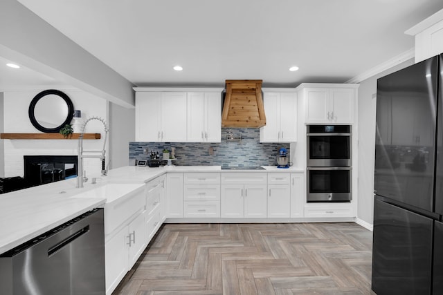 1015 S Lowrance Rd, Pecan Hill, TX 75154 - kitchen featuring stainless steel appliances, recessed lighting, custom exhaust hood, backsplash, and white cabinetry