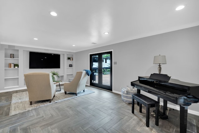 1015 S Lowrance Rd, Pecan Hill, TX 75154 - living room featuring baseboards, french doors, built in features, ornamental molding, and recessed lighting