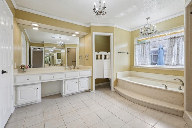 906 Greenbriar Ln, Duncanville, TX 75137 - bathroom featuring a chandelier, vanity, a garden tub, crown molding, and tile patterned flooring