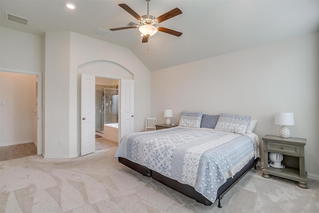 7200 Paso Verde Dr, Fort Worth, TX 76131 - bedroom featuring carpet flooring, vaulted ceiling, baseboards, a ceiling fan, and ensuite bathroom
