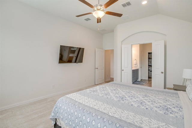 7200 Paso Verde Dr, Fort Worth, TX 76131 - bedroom featuring vaulted ceiling, light colored carpet, ensuite bath, baseboards, and a ceiling fan