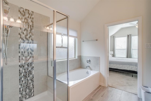 7200 Paso Verde Dr, Fort Worth, TX 76131 - ensuite bathroom featuring vaulted ceiling, a garden tub, and a shower stall