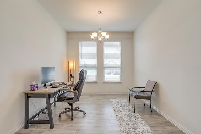 7200 Paso Verde Dr, Fort Worth, TX 76131 - office area featuring a chandelier, baseboards, and light wood-style floors