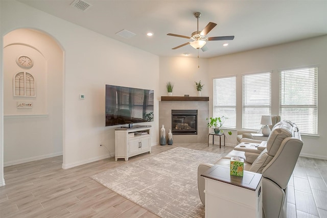 7200 Paso Verde Dr, Fort Worth, TX 76131 - living area with ceiling fan, baseboards, light wood-type flooring, a fireplace, and recessed lighting