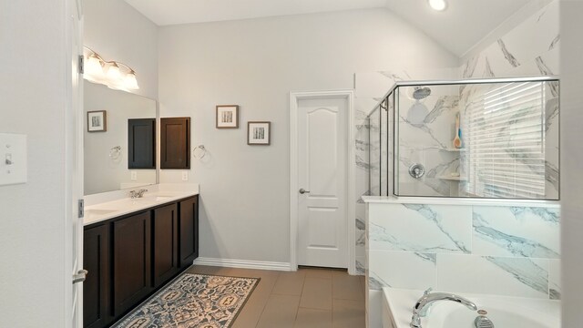2813 Chestnut Ln, Melissa, TX 75454 - bathroom featuring a marble finish shower, vanity, a garden tub, lofted ceiling, and tile patterned floors