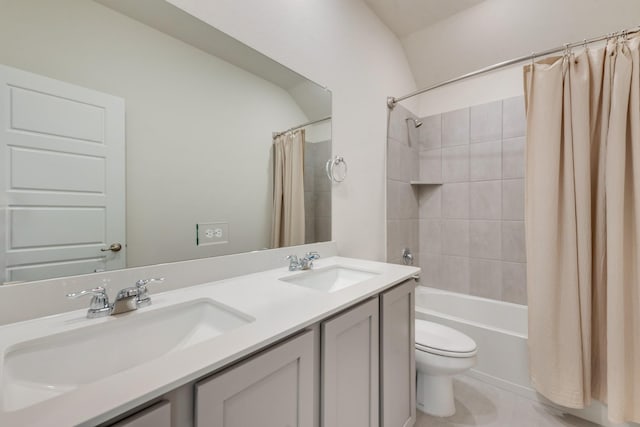 10213 Plumlee Ln, Aubrey, TX 76227 - bathroom featuring toilet, shower / tub combo, double vanity, and tile patterned flooring
