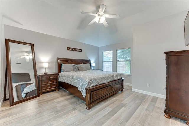 1900 Clear Creek Dr, Little Elm, TX 75068 - bedroom featuring light wood-type flooring, vaulted ceiling, baseboards, and a ceiling fan