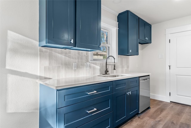 3408 Medallion Cir, Waco, TX 76706 - kitchen with dishwasher, a sink, blue cabinetry, and light countertops