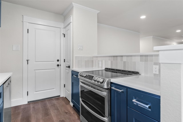 3408 Medallion Cir, Waco, TX 76706 - kitchen featuring blue cabinets, double oven range, backsplash, dark wood-style floors, and light countertops