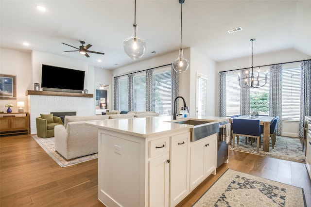 3717 Silver Birch Dr, Mckinney, TX 75071 - kitchen with a sink, wood finished floors, stainless steel dishwasher, a fireplace, and recessed lighting