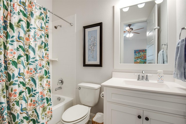 3717 Silver Birch Dr, Mckinney, TX 75071 - full bathroom featuring vanity, shower / tub combo with curtain, toilet, and ceiling fan