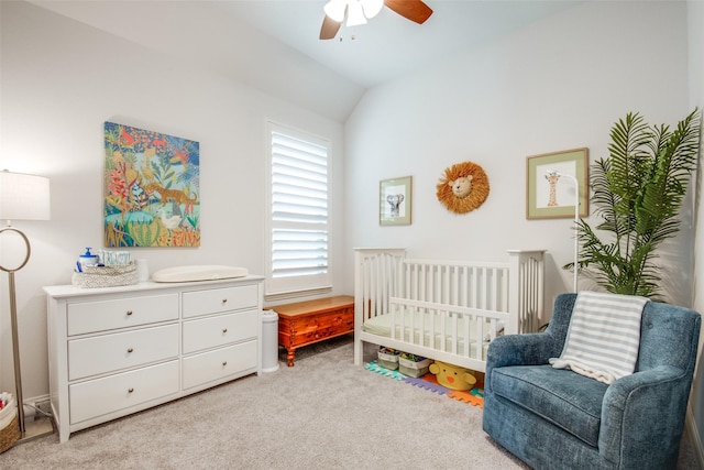 3717 Silver Birch Dr, Mckinney, TX 75071 - bedroom with light carpet, vaulted ceiling, a crib, and ceiling fan