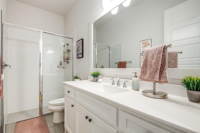 3717 Silver Birch Dr, Mckinney, TX 75071 - bathroom with toilet, vanity, a shower stall, and tile patterned floors