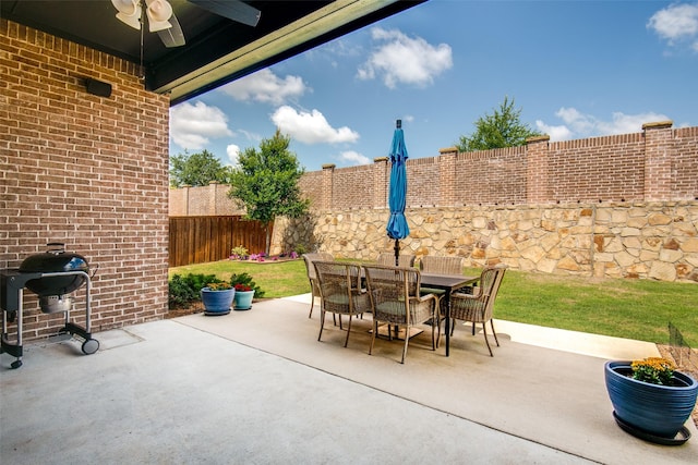 3717 Silver Birch Dr, Mckinney, TX 75071 - fenced backyard featuring ceiling fan, grilling area, a patio area, and outdoor dining space