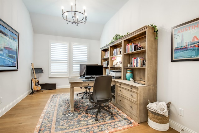 3717 Silver Birch Dr, Mckinney, TX 75071 - office featuring a chandelier, light wood-style flooring, lofted ceiling, and baseboards